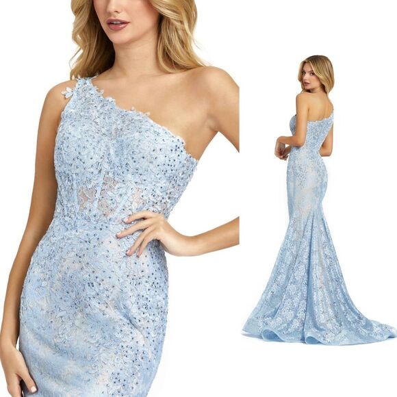 Mac Duggal 48910 One Shoulder Lace Corset Mermaid Dress, Powder Blue, Size 14 - Picture 1 of 12